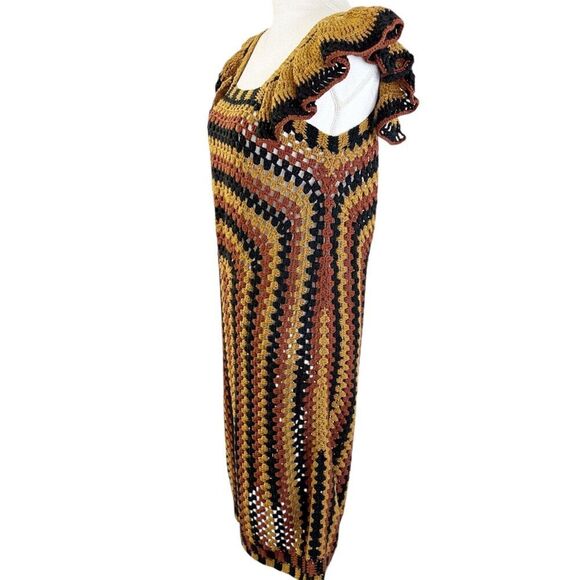 ZARA Womens Crochet Knit Dress Size Small Brown Black Midi Granny Chic - Picture 2 of 9